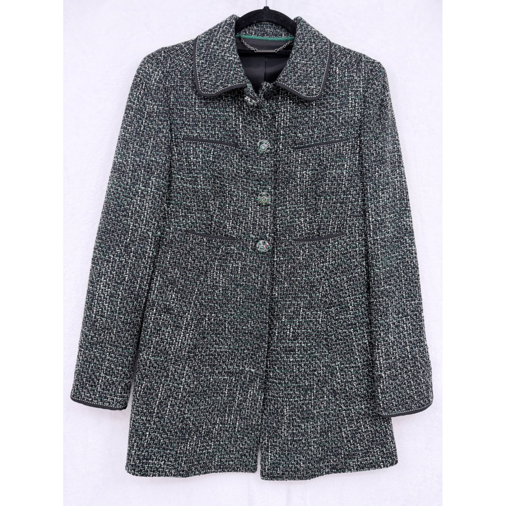 Elie Tahari Vintage Virgin Wool Tweed Coat Green Black Jeweled Buttons Small